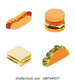 Set of fast food : hotdog, sandwich, burger hamburger or cheeseburger and traditional mexican fast food taco isolated on white background. Isometric view. Vector