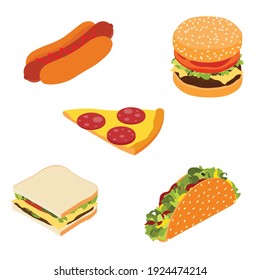 Set of fast food : hotdog, sandwich, burger hamburger or cheeseburger, slice of pizza and traditional mexican fast food taco isolated on white background. Isomet