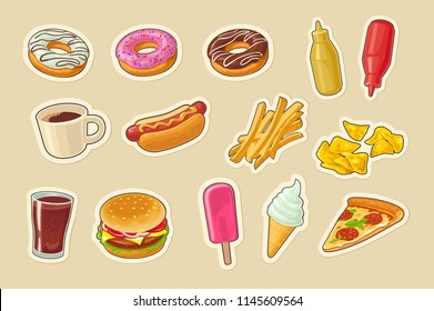 Set fast food icon. Cup cola, coffee, donut, ice cream, popsicle, hamburger, pizza, hotdog, fry potato, ketchup, mustard, chips. Vector flat color illustration. Isolated on beige background.