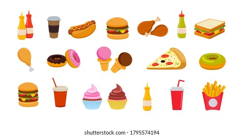 Set fast food icon. Cup cola, donut, ice cream, milkshake, hamburger, pizza, chicken legs, hotdog, fry potato, popcorn, ketchup. Isolated on white background. Vector illustration. For menu