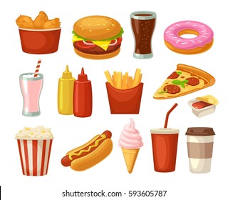 Set fast food icon. Cup cola, coffee, donut, ice cream, milkshake, hamburger, pizza, chicken legs, hotdog, fry potato, popcorn, ketchup. Isolated on white background. Vector flat color illustration
