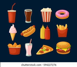 Set fast food icon. Cup cola, donut, ice cream, milkshake, hamburger, pizza, chicken legs, hotdog, fry potato, popcorn, ketchup. Isolated dark background. Vector flat color illustration. For takeaway