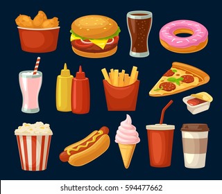 Set fast food icon. Cup cola, coffee, donut, ice cream, milkshake, hamburger, pizza, chicken legs, hotdog, fry potato, popcorn, ketchup. Isolated on dark background. Vector flat color illustration