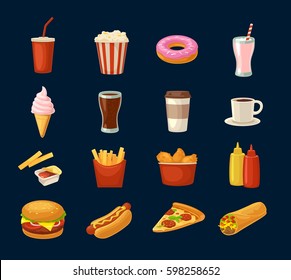 Set fast food icon. Cup cola, coffee, donut, ice cream, milkshake, hamburger, burrito, chicken legs, hotdog, fry potato, popcorn, ketchup. Isolated on dark background. Vector flat color illustration