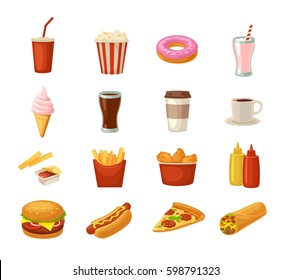 Set fast food icon. Cup cola, coffee, donut, ice cream, milkshake, hamburger, burrito, chicken legs, hotdog, fry potato, popcorn, ketchup. Isolated on white background. Vector flat color illustration