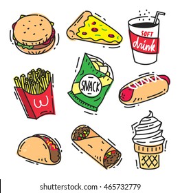 Set fast food icon doodle isolated white background and burger  pizza  soft drink  french fries  potato chip  hot dog  taco  burrito   ice cream cone