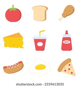 Set of Fast Food Icon Flat Design, Delicious Breakfast Food Doodle Vector Illustration