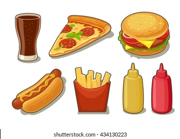 Set fast food icon. Glass of cola, hamburger, pizza, hotdog, fries potato in red paper box, bottles of ketchup and mustard. Vector isolated flat illustration for poster, menus, brochure, web.