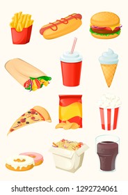 Set of fast food icon. Isolated. Cartoon vector illustration