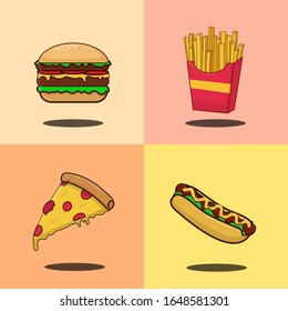 set of fast food icon isolated vector illustration burger, french fries, hotdog, pizza cartoon