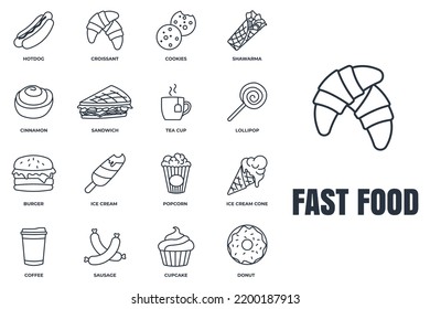 Set of fast food icon logo vector illustration. ice cream, popcorn, donut, cookies, cinnamon, hotdog, tea cup and more pack symbol template for graphic and web design collection