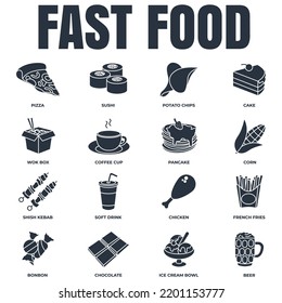 Set of fast food icon logo vector illustration. chocolate bar, soft drink, coffee cup, wok box, sushi, pancake, bonbon and more pack symbol template for graphic and web design collection