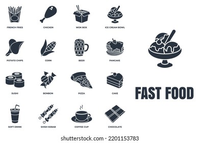 Set of fast food icon logo vector illustration. chocolate bar, soft drink, coffee cup, wok box, sushi, pancake, bonbon and more pack symbol template for graphic and web design collection