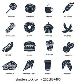 Set of fast food icon logo vector illustration. ice cream, popcorn, donut, cookies, cinnamon, hotdog, tea cup and more pack symbol template for graphic and web design collection