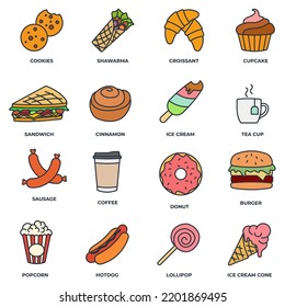 Set of fast food icon logo vector illustration. ice cream, popcorn, donut, cookies, cinnamon, hotdog, tea cup and more pack symbol template for graphic and web design collection