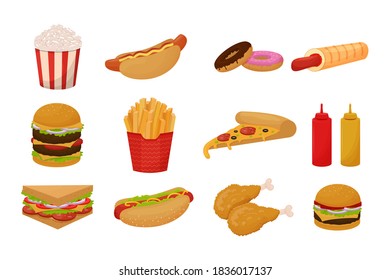 Set of fast food icon, objects. Colorful detailed collection of meal isolated on white background in cartoon flat style.