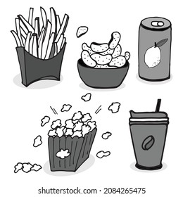 set of fast food icon. popcorn, french fries, potato chips, cup of coffee, and soda can illustration. grey color. hand drawn vector. doodle art for logo, label, sticker, clipart, poster, advertising. 