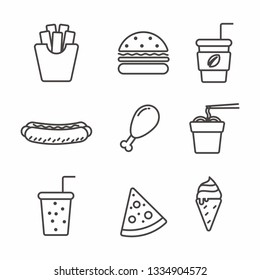 Set of fast food icon with simple outline design, fast food vector illustration