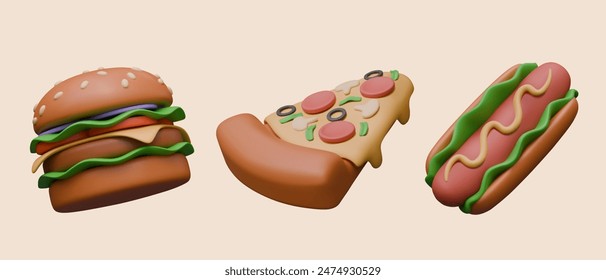 Set of fast food icons in 3D plasticine style. Burger, slice of pizza, hot dog