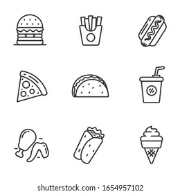 Set of fast food icons in black line design isolated on white background 