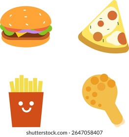 Set of fast food icons – burger, fries, chicken, pizza – flat design