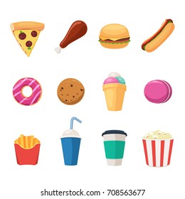 Set of fast food icons: burger, soda, pizza slice, french fries, donut, pop corn, cup of coffee, hot-dog, ice cream and macaron. Vector illustration in cartoon style isolated on white background