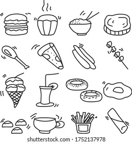 A Set of Fast food icons for business, nature, planet, outdoor, food, drink, education, animal, interior, utility content with doodle cartoon style