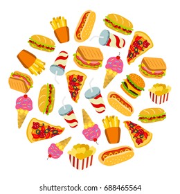 Set of fast food icons in circle shape. Vector illustration for your cute design.