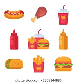 Set of fast food icons. Cups of cola, donuts, hamburgers, chicken feet, hotdogs, French fries, ketchup. Isolated on a white background. Flat color illustration vector. For menus restaurant