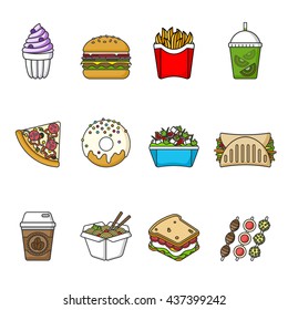 Set of fast food icons. Drinks, snacks and sweets. Colorful outlined icon collection. Vector illustration on white background. Sandwich, hamburger, pita, pizza, donut, shake, salad, coffee, ice cream
