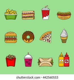 Set of fast food icons. Drinks, snacks and sweets. Colorful outlined icon collection. Vector illustration on white background. Sandwich, hamburger, pita, pizza, donut, shake, fries, hot dog, ice cream