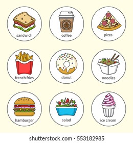 Set of fast food icons. Drinks, snacks and sweets. Colorful outlined icon collection.  Sandwich, hamburger, pizza, donut, shake, salad, coffee, ice cream, noodles Vector illustration in a circle. Set1
