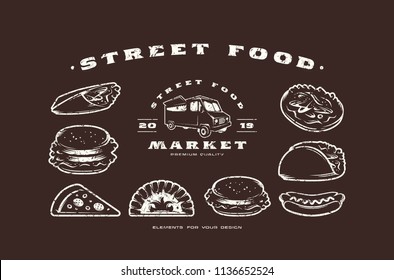 Set of fast food icons and elements. Design in thin line style with rough texture. White print on black background