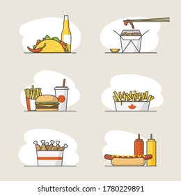 Set of fast food icons in flat style. Vector line illustration for fast food restaurant menu or banner