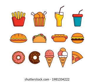 a set of fast food icons. flat cute food and goodies design. Fast food, sweets, drinks