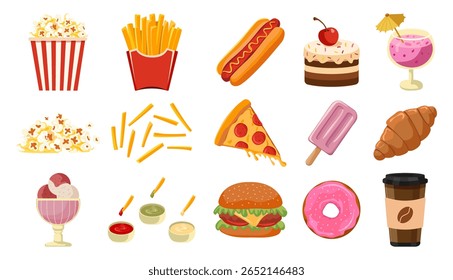 Set of fast food icons. French fries, hamburger, hot dog, popcorn, pizza, croissant, brownie, coffee, donut, ice cream and shake. Vector illustration white background