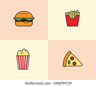 Set of fast food icons. Hamburger, popcorn, french fries, pizza.