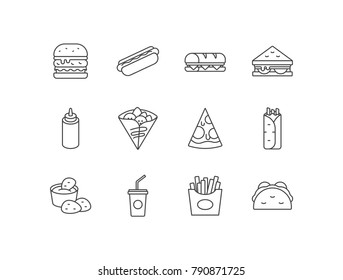 Set of fast food icons with hamburger, hotdog, sandwich, mustard, crepes, pizza, burritos, chicken nuggets, soda drink, French fries, tacos.