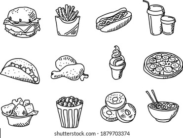 Set of fast food icons  hand drawn illustration , isolated in white background 