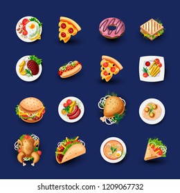 Set of Fast Food Icons. Junk Food Vector Illustration - Pizza, Donut, Burger, Taco, Chicken and other Fast Food Objects. Cartoon Style Objects of Junk Food, Colorful Appetizing Set for Street Lunch.