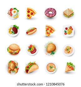 Set of Fast Food Icons. Junk Food Vector Illustration - Pizza, Donut, Burger, Taco, Chicken and other Fast Food Objects. Cartoon Style Objects of Junk Food, Colorful Appetizing Set for Street Lunch.