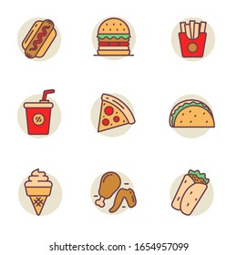 Set of fast food icons in linear color style isolated on white background 