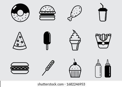 Set of fast food icons, mono vector symbols