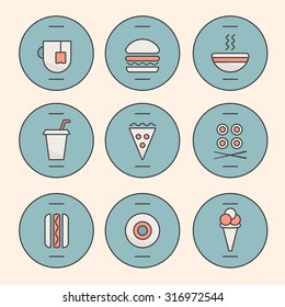 Set of Fast Food Icons performed in the last illustration trends. Hot dog, hamburger, tea, hot soup, cola, pizza, rolls, hotdog, donut, ice cream symbolic icons. Fully editable vector illustration.