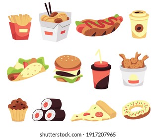 A set of fast food icons pizza and chicken, fries and cheeseburger, dessert and beverages, rolls and hotdog. Traditional takeaway food in chain fastfood cafes. Vector illustrations