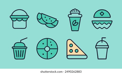 A set of fast food icons pizza and chicken, fries and cheeseburger, dessert and beverages, rolls and hotdog. Traditional takeaway food in chain fastfood cafes. Vector illustrations