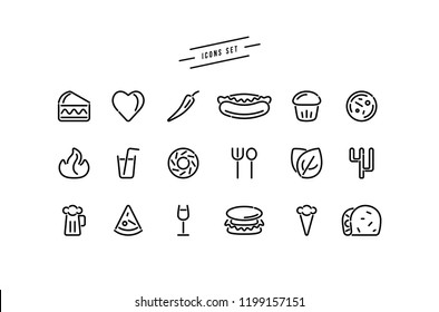 Set of fast food icons in thin line style. Black print on white background