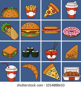 Set of fast food icons. Vector illustration.