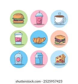 Conjunto de ícones do fast food. Ilustração vetorial em estilo plano.