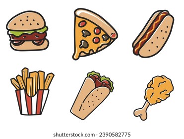 Set von Fast-Food-Illustrationsvektorgrafik. Burger, Pizza, hot dog, Pommes frites, Kebab, gebratenes Huhn.